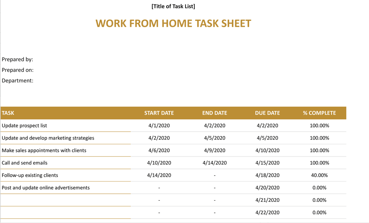 Task List Template Example for Google Sheets