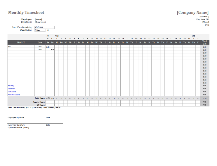 monthly timesheet template