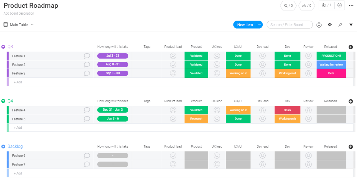 monday.com product development planning template