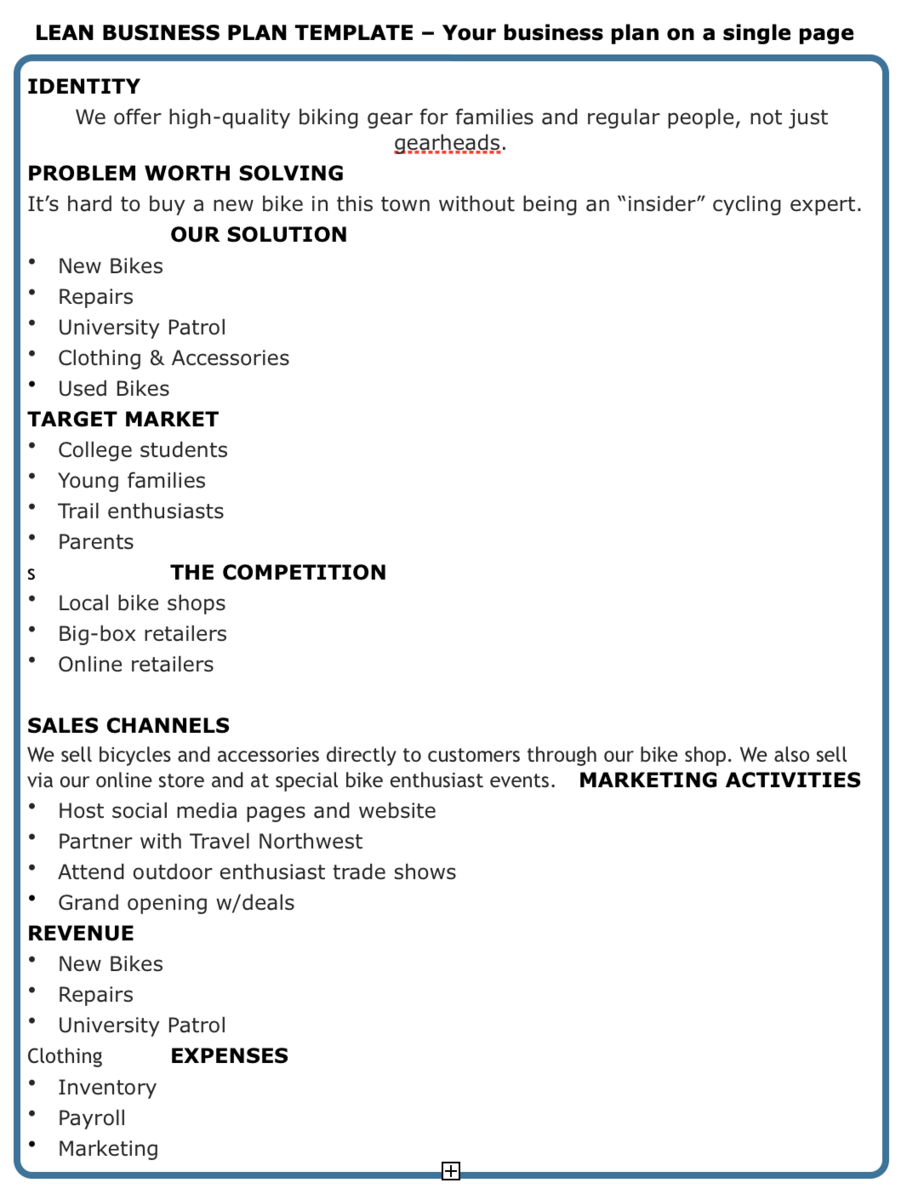 Example of a one page business plan template for startups