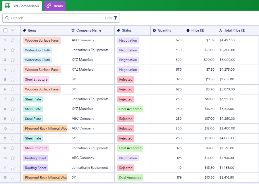 product comparison excel template