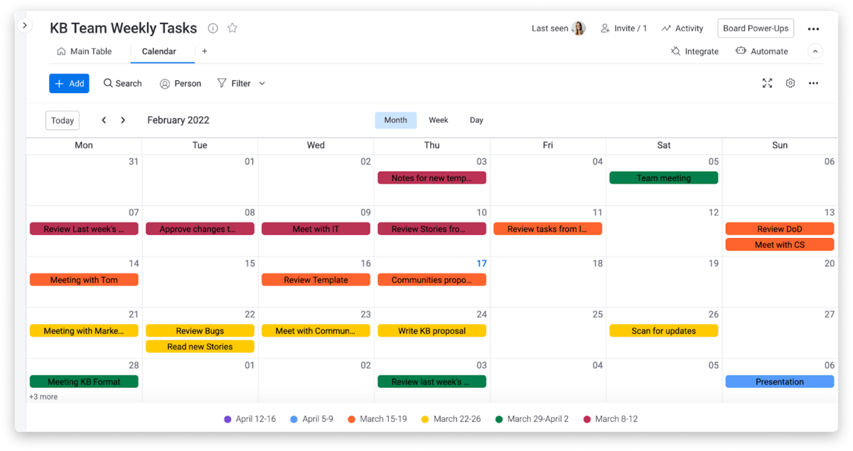 Weekly tasks in monday.com calendar view