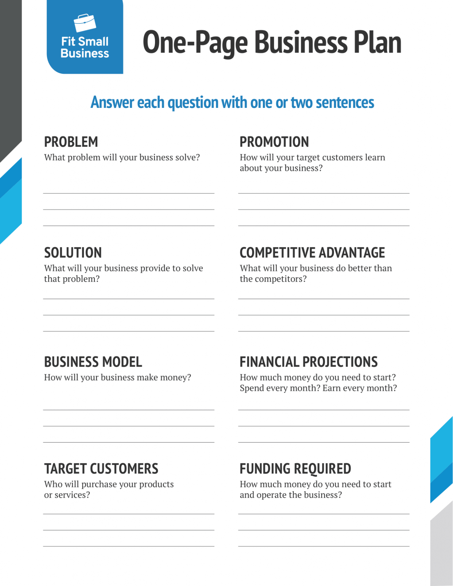 A simple business plan template with prompt questions