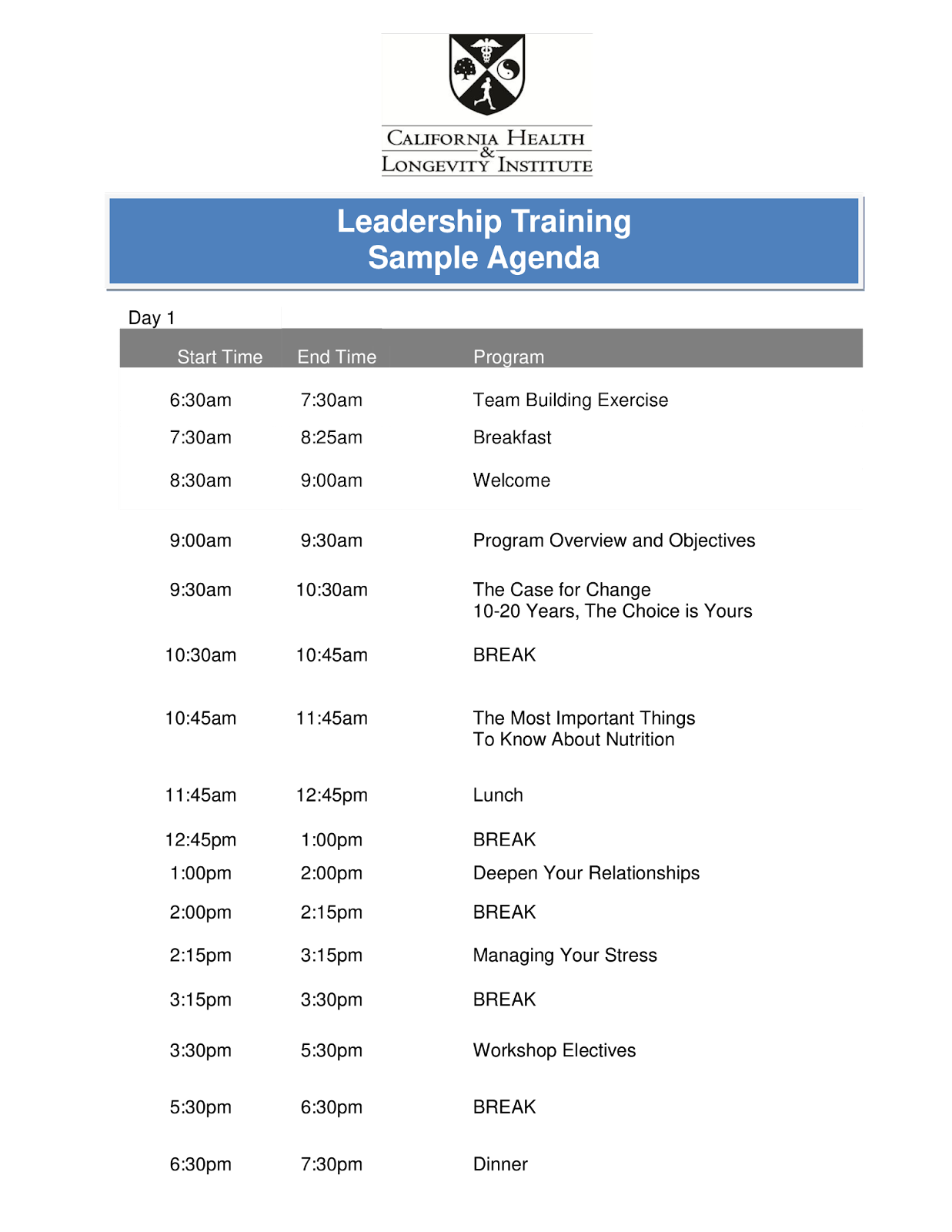 Leadership training sample agenda