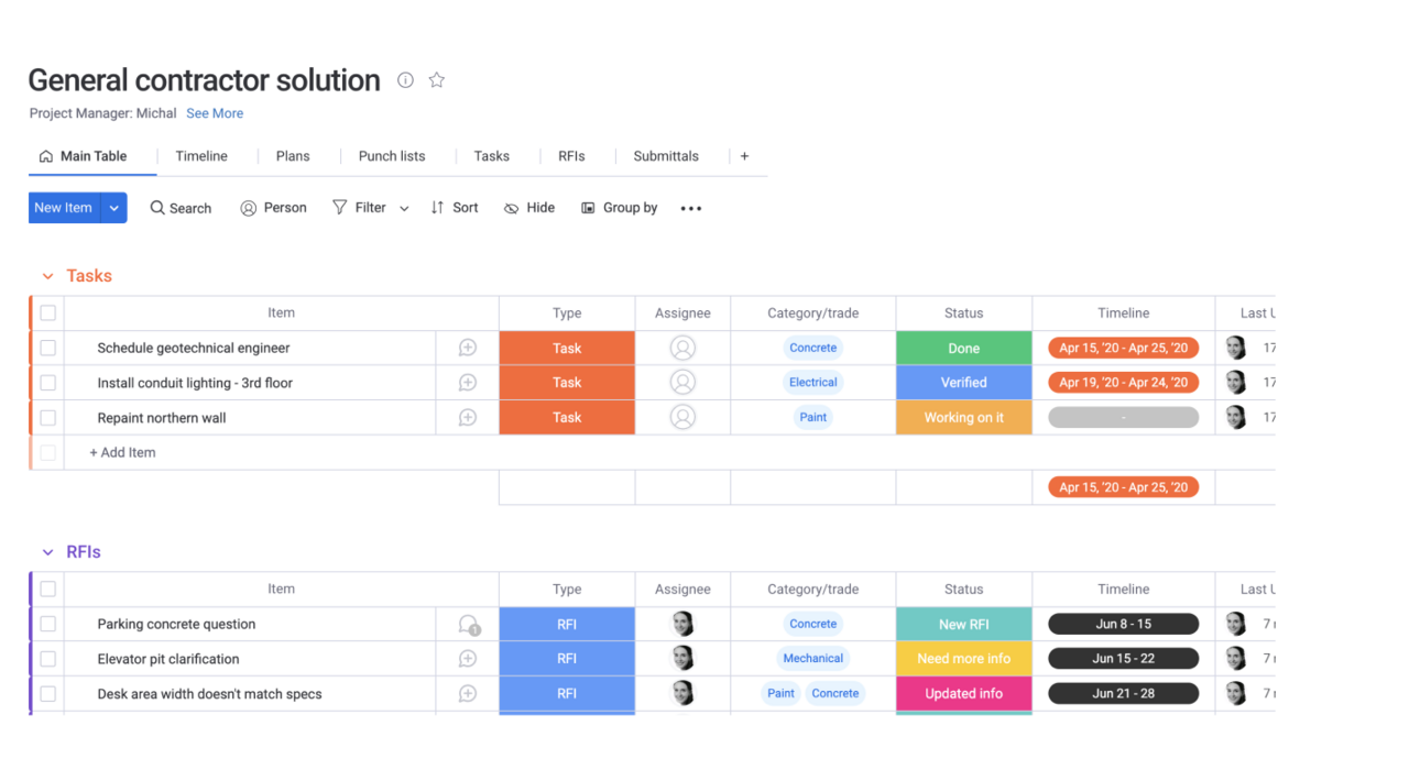 General contractor solution Board View on monday.com