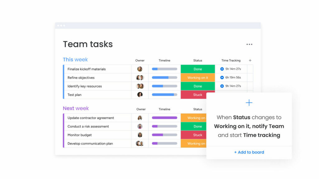 team tasks board in monday.com with an automation That says when status changes to working on it, notify team and start time tracking. Can be used across various project management industries. 