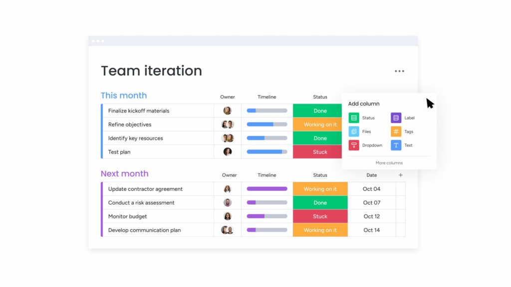 A screenshot of how to use monday work management for team iteration planning, in an article about Asana project management. 