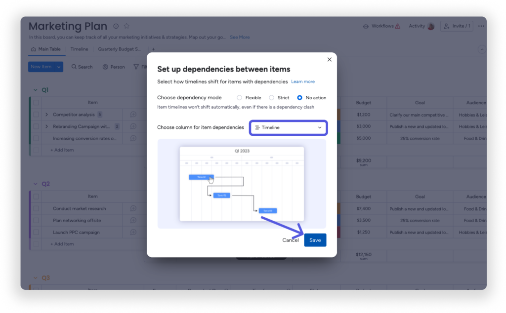 Choose the time column — Date Column or Timeline Column — on which your items depend on monday.com