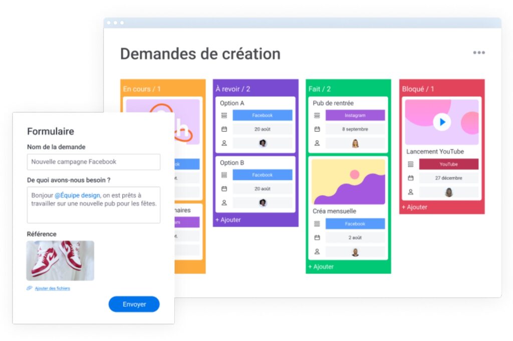 Exemple de tableau Kanban pour un processus marketing avec monday work management