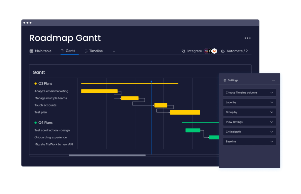 A product roadmap gantt chart in monday dev. Includes a timeline and breaks up the sections into Q3 plans and Q4 plans.