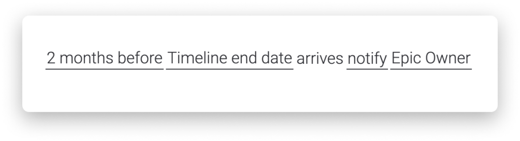 product roadmap automation example in monday dev. This one says 2 months before timeline end date arrives notify epic owner. 